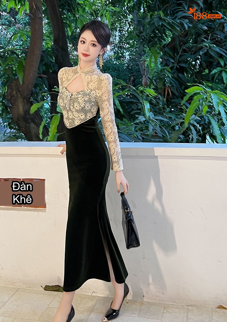Váy Lưới Ren Cổ Tàu Cách Tân Thêu Hoa Tay Dài Chất Nhung Màu Đen, Hồng chi tiết 11