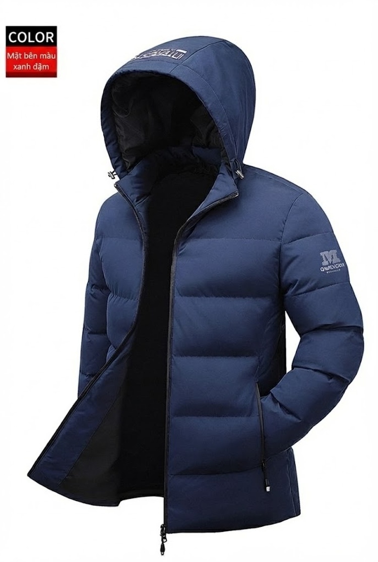 Áo Khoác Phao Nam Dáng Dài Có Mũ Trùm Đầu Cotton Dày Dặn Màu Đen, Xanh Dương, Xanh... chi tiết 22