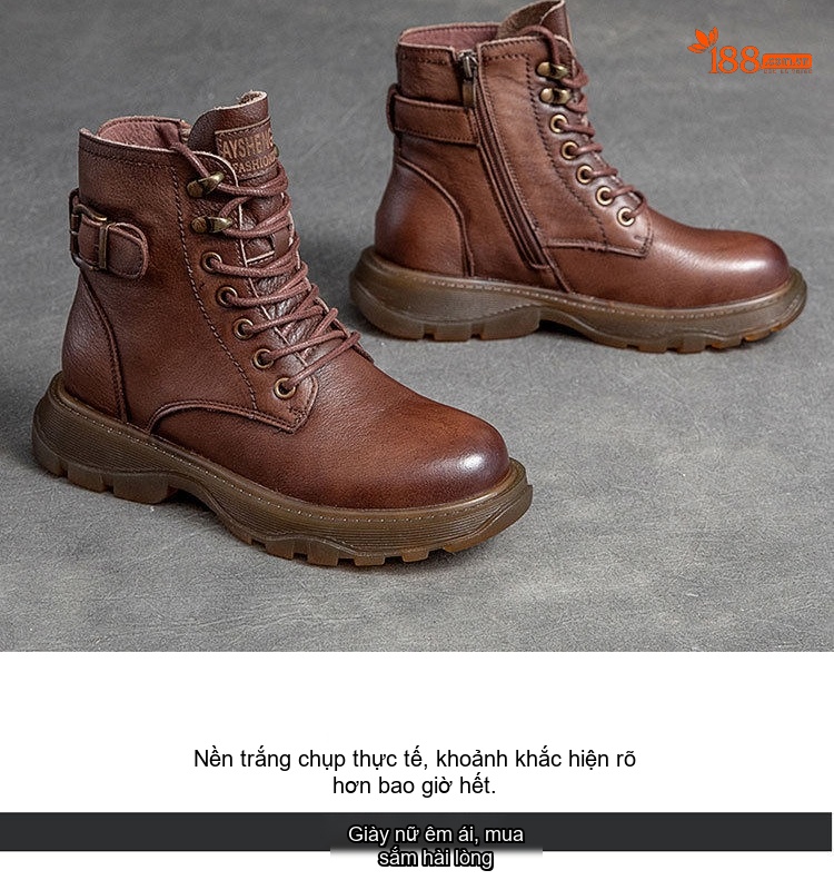 Boot Martin Nữ Da Bò Cổ Thấp Buộc Dây Chiều Cao Đế Khoảng 3.5cm Màu Đen, Nâu chi tiết 17