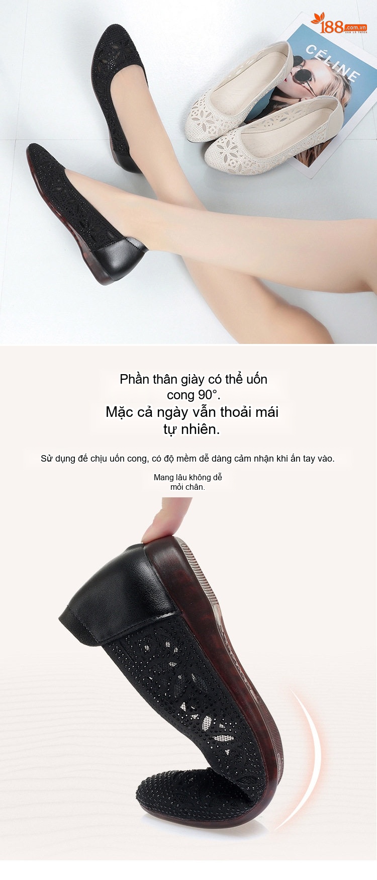 Giày Búp Bê Lưới Lỗ Da Mềm Mỏng Thoáng Khí Mùa Hè Chiều Cao Đế Khoảng 1cm Màu Kem, Đen chi tiết 2