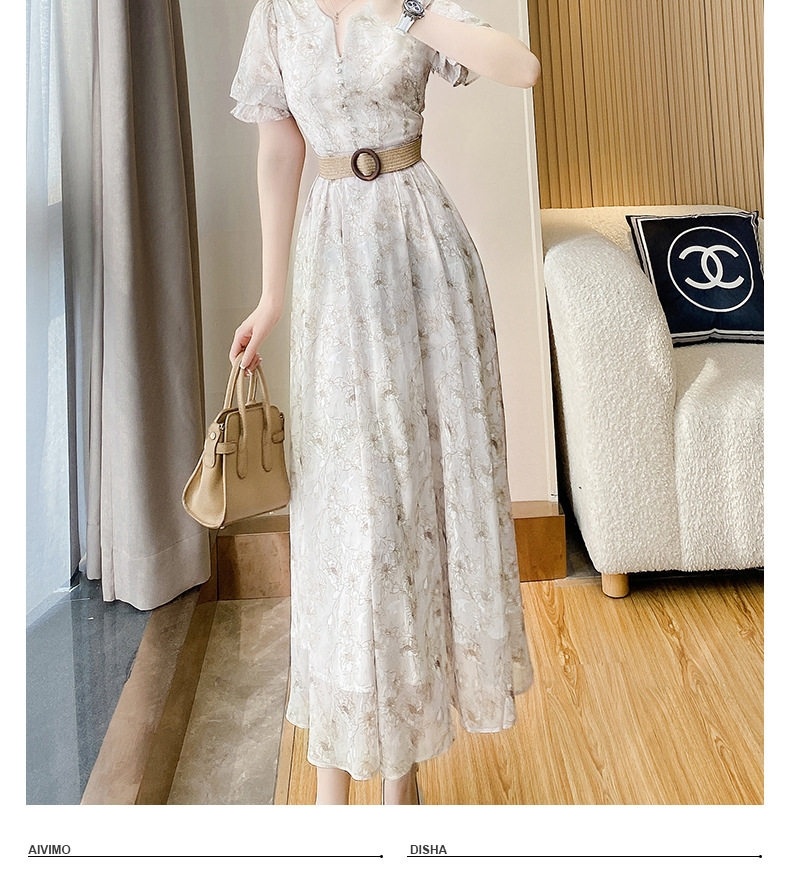 Váy Midi Nữ Tay Ngắn Họa Tiết Hoa Nhí Thắt Eo Phong Cách Pháp chi tiết 8