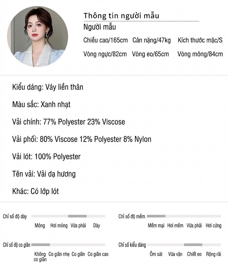 Váy liền thân Nữ Dáng Xòe Cổ Búp Bê Tay Bồng Chiết Eo Thanh Lịch Màu Xanh Lam chi tiết 2