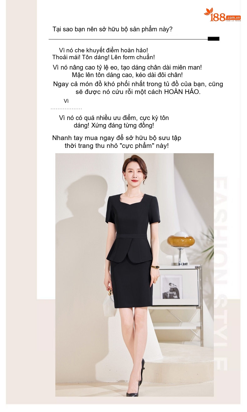 Bộ Vest Công Sở Nữ Tay Ngắn Quần/Chân Váy Áo Peplum Màu Đen, Xanh Navy chi tiết 3