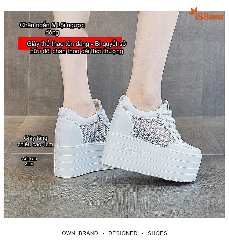Giày Thể Thao Nữ Lưới Thoáng Khí Đế Dày 12cm Phong Cách Thời Trang Màu Trắng, Đen chi tiết 2