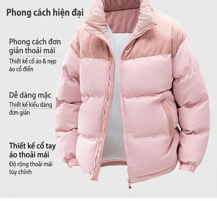 Áo Khoác Phao Nam Nữ Cotton Lót Dày Mũ Rời Chất Liệu Vải Lanh Màu Be, Đen, Xanh Lá, Hồng... chi tiết 8
