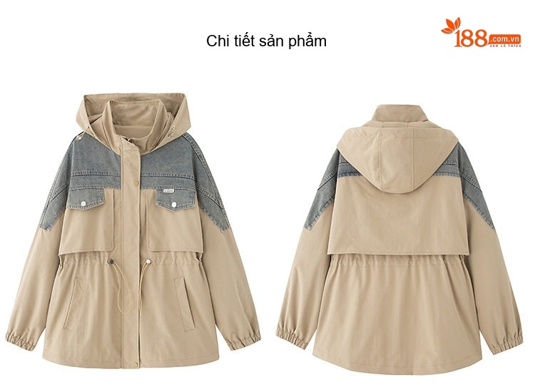 Áo Khoác Gió Nữ Ngắn Tay Lỡ Phối Jeans Dáng Nhỏ Có Mũ Rút Dây Màu Be, Đen, Xám chi tiết 12