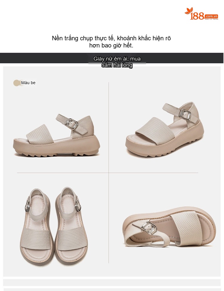 Dép Sandal Nữ Da Bò Hở Mũi Thoáng Khí Quai Hậu Khóa Cài Đế Cao 4cm - 5cm Màu Đen, Nâu, Kem chi tiết 15