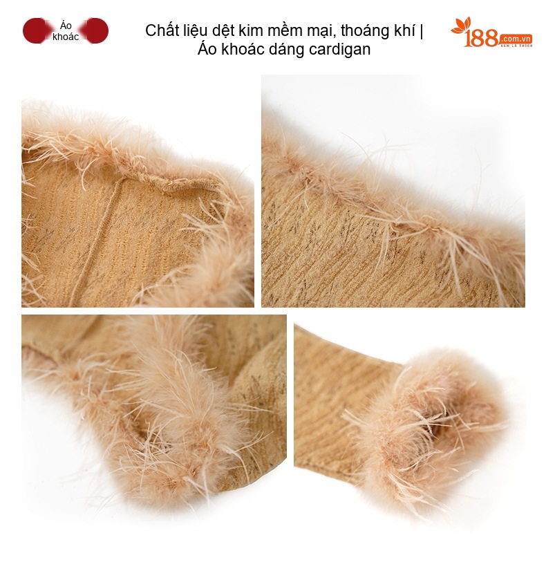 Áo Khoác Cardigan Nữ Dệt Kim Viền Lông Thời Trang Màu Be chi tiết 4