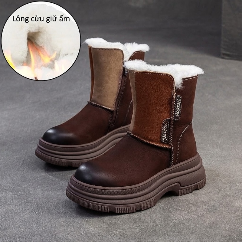 Boot Nữ Cổ Lửng Lót Lông Cừu Đế Dày Phong Cách Retro Chiều Cao Đế Khoảng 5cm Màu Nâu, Xanh Lá