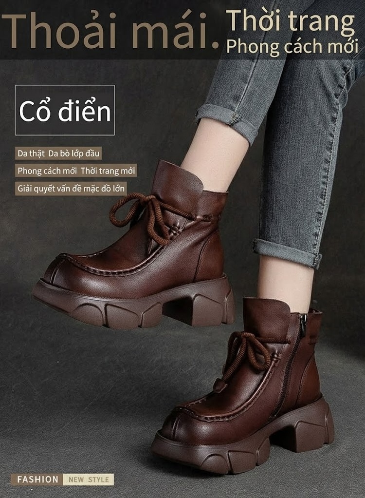 Boot Nữ Da Bò Cổ Ngắn Đế Bánh Mì Chiều Cao Đế Khoảng 5cm Màu Đen, Nâu chi tiết 1