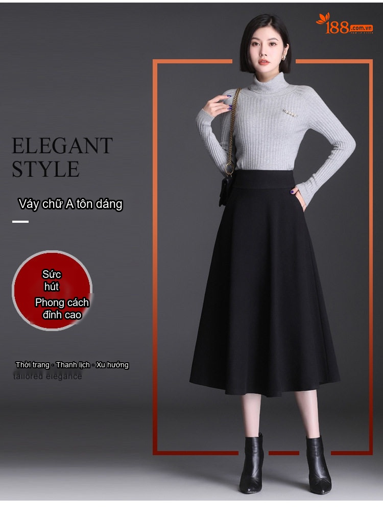Chân Váy Nữ Lưng Cao dáng chữ A Xòe Vừa Chất Liệu Nỉ Màu Đen, Nâu chi tiết 1
