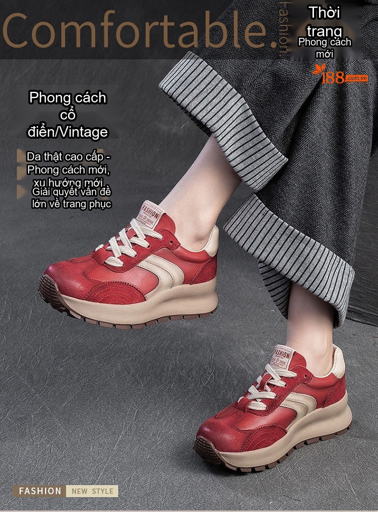 Giày Sneaker Nữ Đế Dày Phối Màu Thời Trang Chiều Cao Đế Khoảng 5cm Màu Đỏ, Kem chi tiết 1