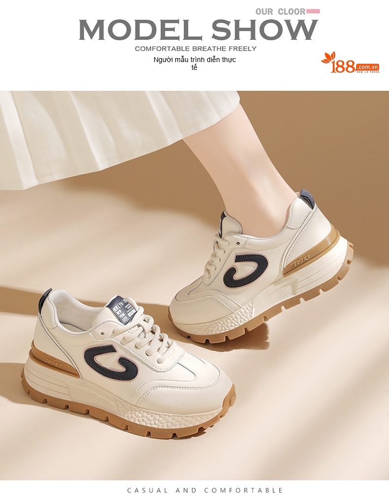 Giày Thể Thao Nữ Da Thật Đế Dày Phong Cách Cổ Điển Chiều Cao Đế Khoảng 4cm Màu Kem chi tiết 4