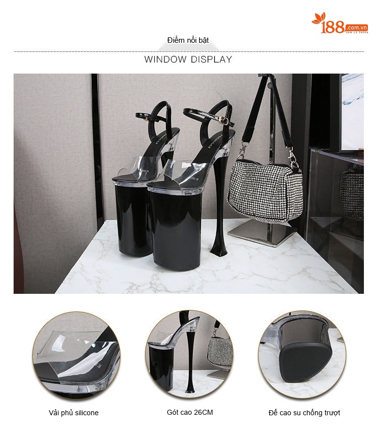 Giày Sandal Cao Gót Nữ Quai Trong Suốt Gót Trụ Đính Đá Gót Cao 26cm Màu Đen, Đỏ, Trắng... chi tiết 4