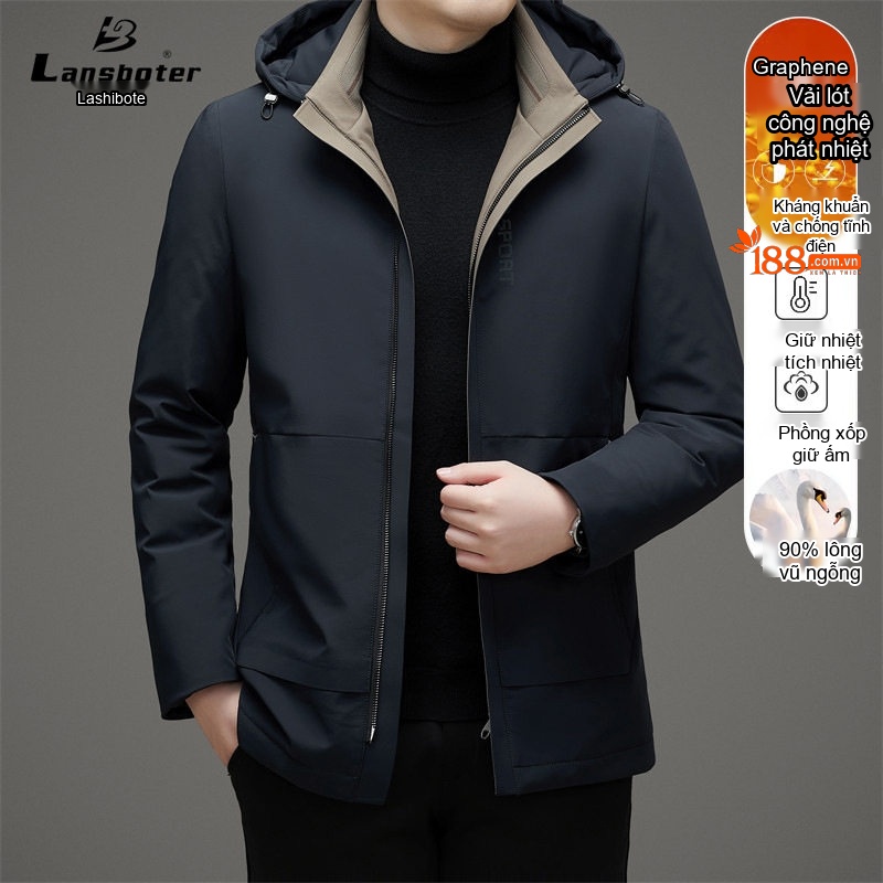 Áo Khoác Phao Nam Milk Silk 90% Lông Ngỗng Xám Mỏng Nhẹ Có Mũ Màu Xanh Navy