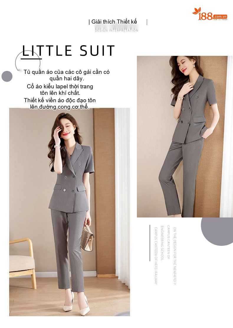 Bộ Vest Công Sở Nữ Tay Ngắn Mỏng Nhẹ Màu Xám, Xanh Than chi tiết 3