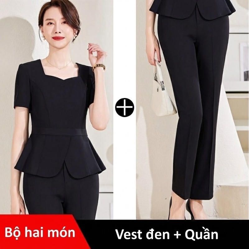 Bộ Vest Công Sở Nữ Tay Ngắn Quần/Chân Váy Áo Peplum Màu Đen, Xanh Navy