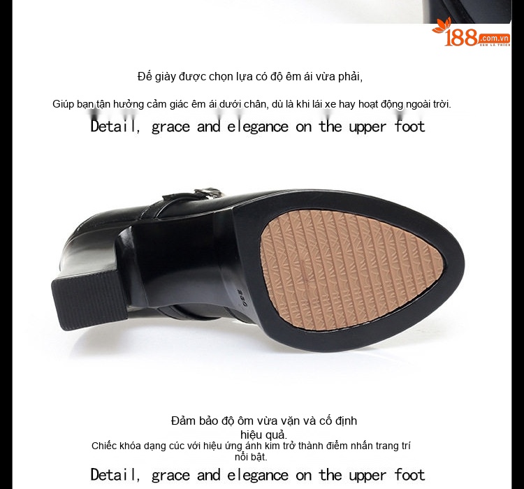 Giày Cao Gót Nữ Da Bò Quai Ngang Chiều Cao Đế Khoảng 8cm Màu Đen chi tiết 4