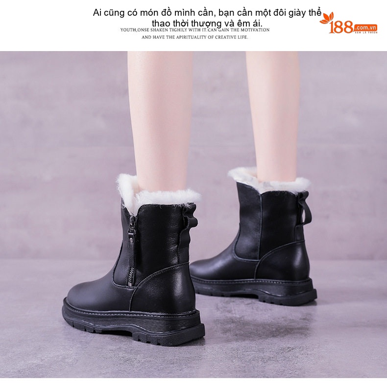 Boot Nữ Da Bóng Lót Lông Cừu Giữ Ấm Mùa Đông Chiều Cao Đế Khoảng 4cm Màu Đen chi tiết 16