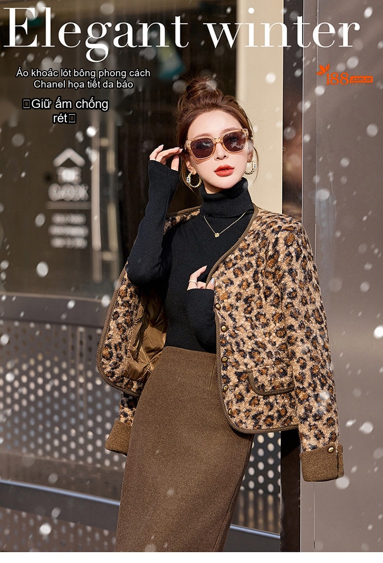Áo Khoác Phao Nữ Họa Tiết Da Báo Dáng Ngắn Phong Cách Pháp Cổ Điển Giữ Ấm chi tiết 3