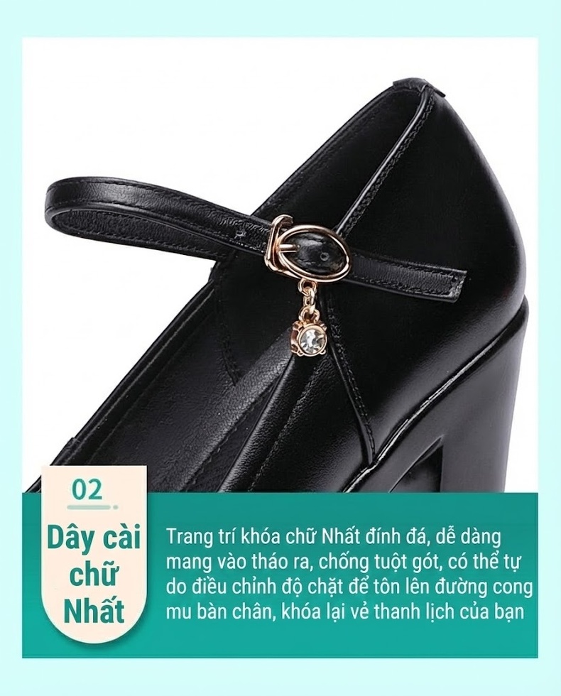 Giày Cao Gót Quai Mary Jane Nữ Chiều Cao Đế Khoảng 15cm Da Bóng Màu Đen, Trắng, Bạc chi tiết 16