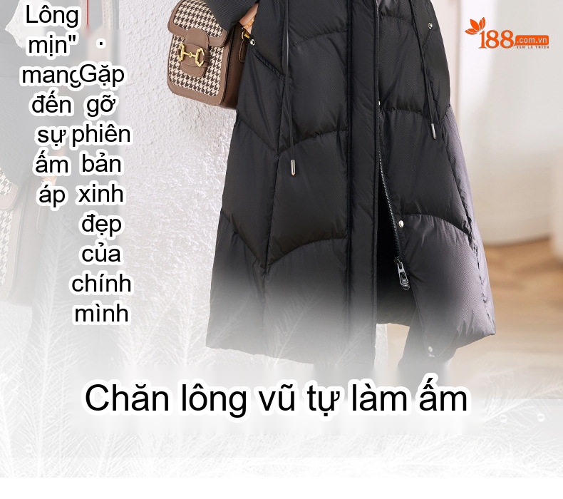 Áo Khoác Phao Nữ Dáng Dài Qua Gối Mũ Trùm Đầu Lót Lông Vũ Trắng Màu Đen, Be chi tiết 2