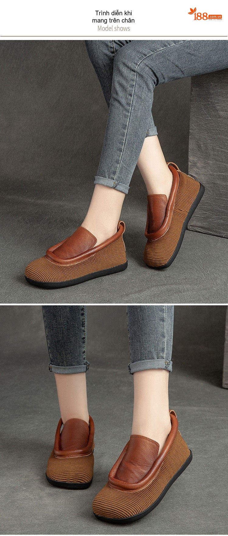 Giày Búp Bê Nữ Vải Dệt Chiều Cao Đế Khoảng 1cm Phong Cách Retro Màu Nâu, Đen chi tiết 7