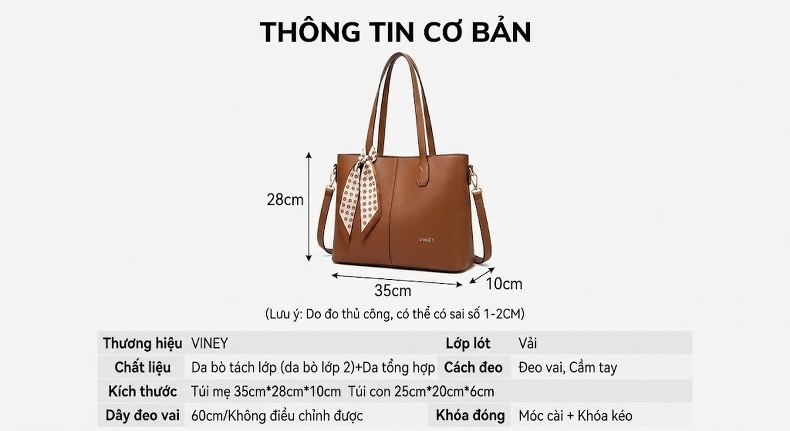 Túi Tote Nữ Da Thật Sức Chứa Lớn Đeo Vai Phong Cách Hàng Ngày Màu Nâu chi tiết 7