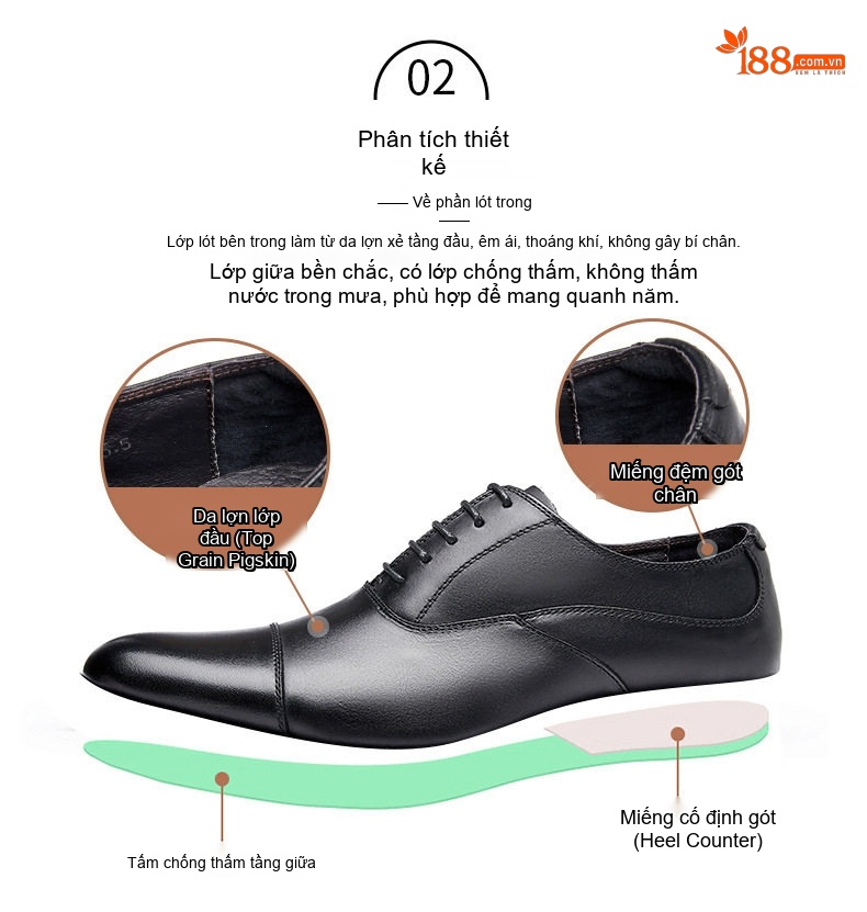 Giày Tây Buộc Dây Nam Da Bò Kiểu Oxford Chiều Cao Đế Khoảng 3cm Màu Đen, Nâu chi tiết 2