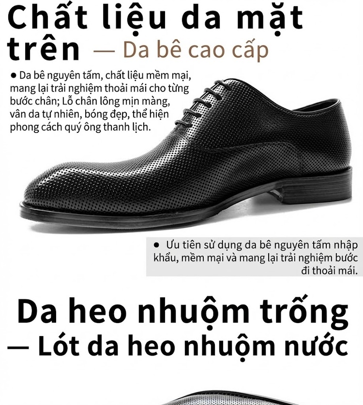 Giày Tây Buộc Dây Nam Da Bò Lỗ Thoáng Khí Chiều Cao Đế Khoảng 3cm Màu Đen, Nâu chi tiết 4