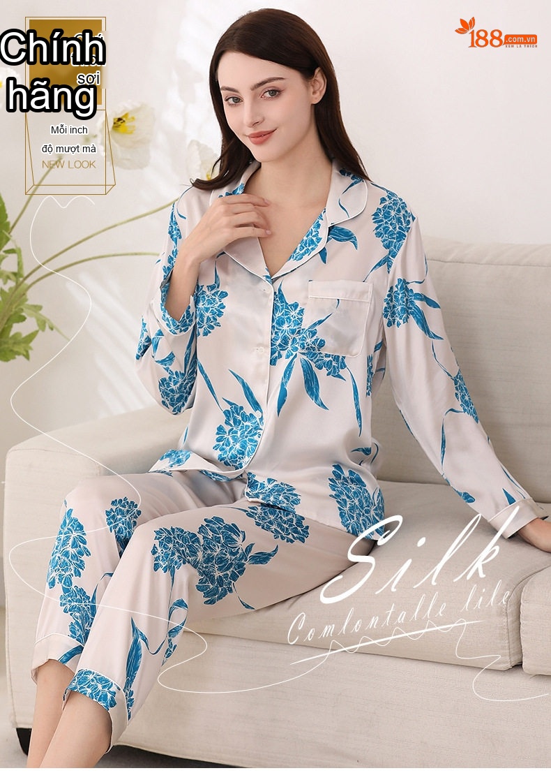 Bộ Đồ Ngủ Nữ Lụa Tơ Tằm 100% Dài Tay In Hoa Mùa Xuân Thu chi tiết 1