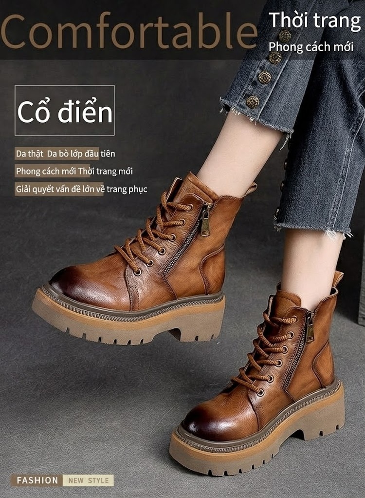 Boot Nữ Da Bò Cổ Ngắn Phong Cách Anh Quốc Chiều Cao Đế Khoảng 5cm Màu Nâu, Xanh chi tiết 1