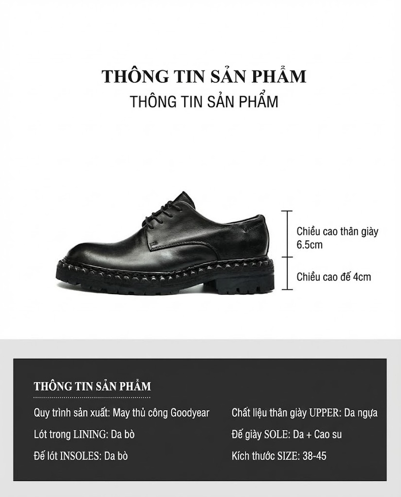 Giày Tây Buộc Dây Nam Da Thật Đế Bằng Chiều Cao Đế Khoảng 4cm Màu Đen, Nâu Đỏ chi tiết 3
