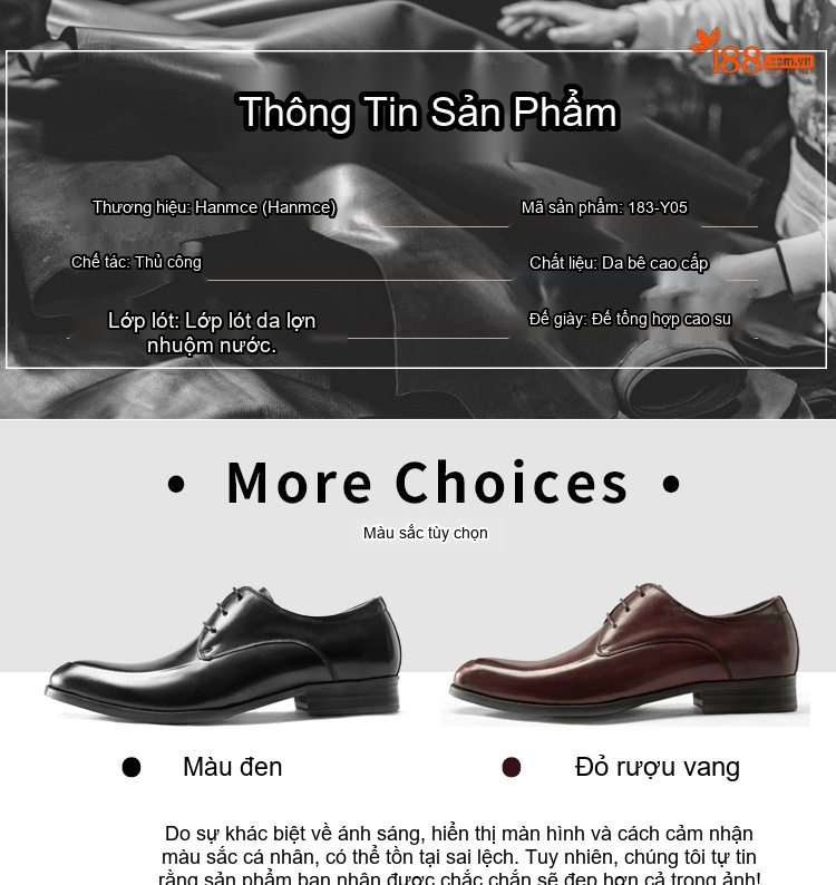 Giày Tây Buộc Dây Nam Da Bò Mũi Nhọn Chiều Cao Đế Khoảng 3cm Màu Đen, Nâu Đỏ chi tiết 6