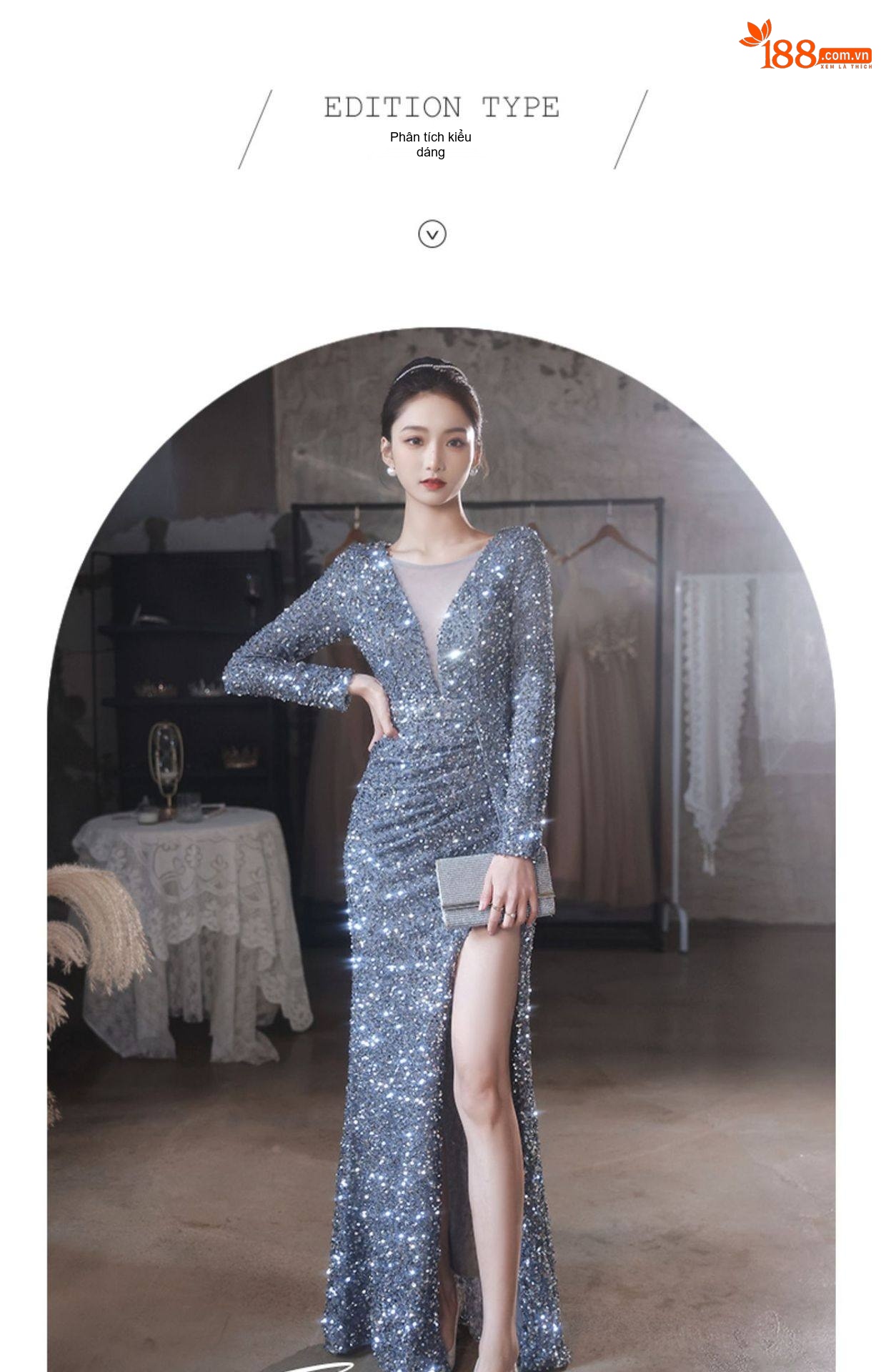 Đầm Dạ Hội Nữ Lấp Lánh Xẻ Tà Dáng Dài Tay Dài Màu Bạc, Vàng Đồng chi tiết 8