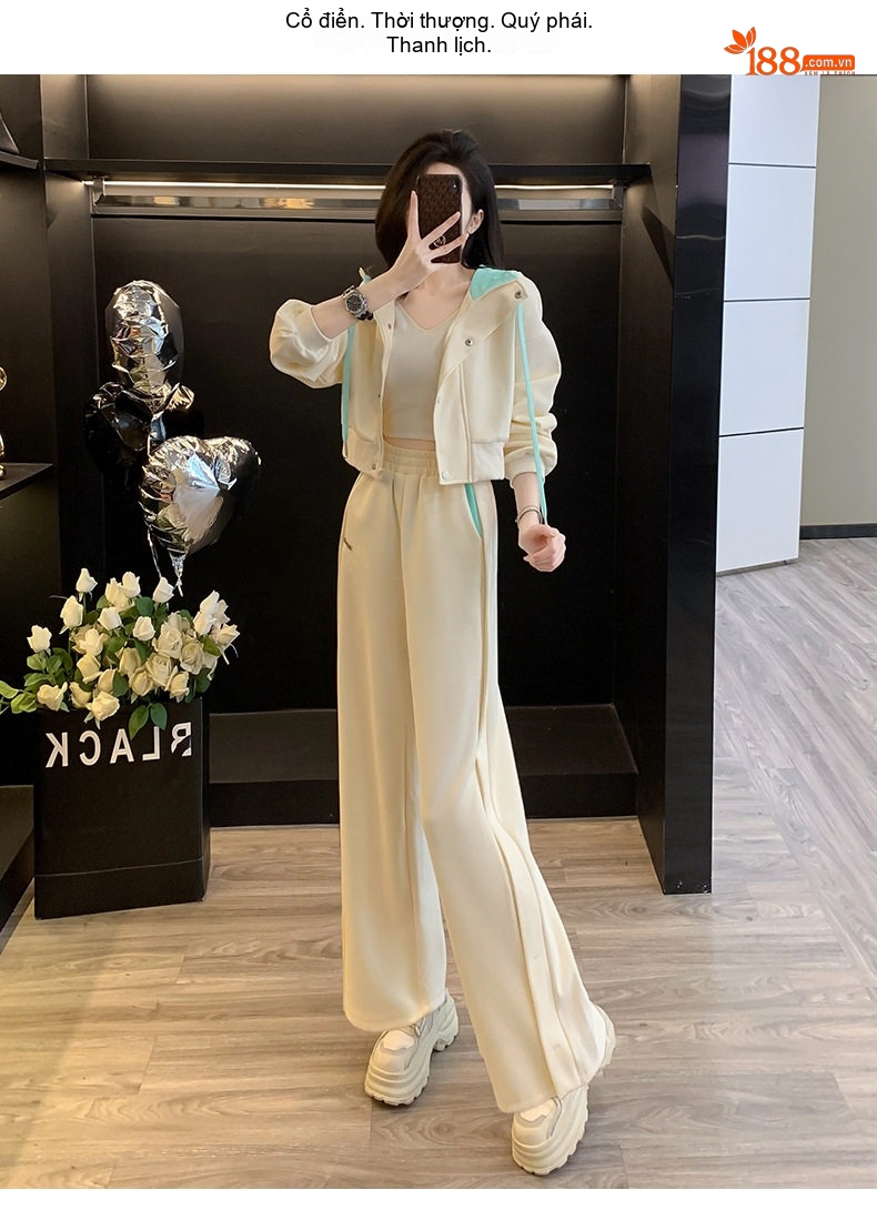Bộ Quần Áo Thể Thao Nữ Áo Khoác Quần Ống Rộng Phong Cách Trẻ Trung Màu Kem, Xanh chi tiết 22