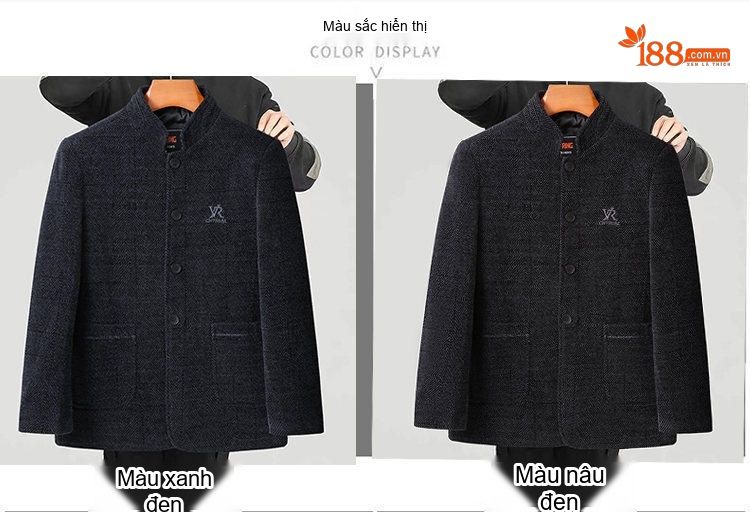 Áo Khoác Nam Trung Niên Chenille Lót Bông Dày Dặn Cổ Trụ Màu Đen, Xám chi tiết 16