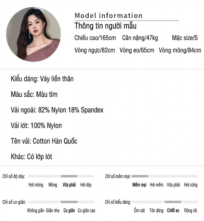 Váy Dạ Hội Nữ Dáng Ôm, Xếp Ly, Lệch Vai Thanh Lịch Màu Tím chi tiết 2