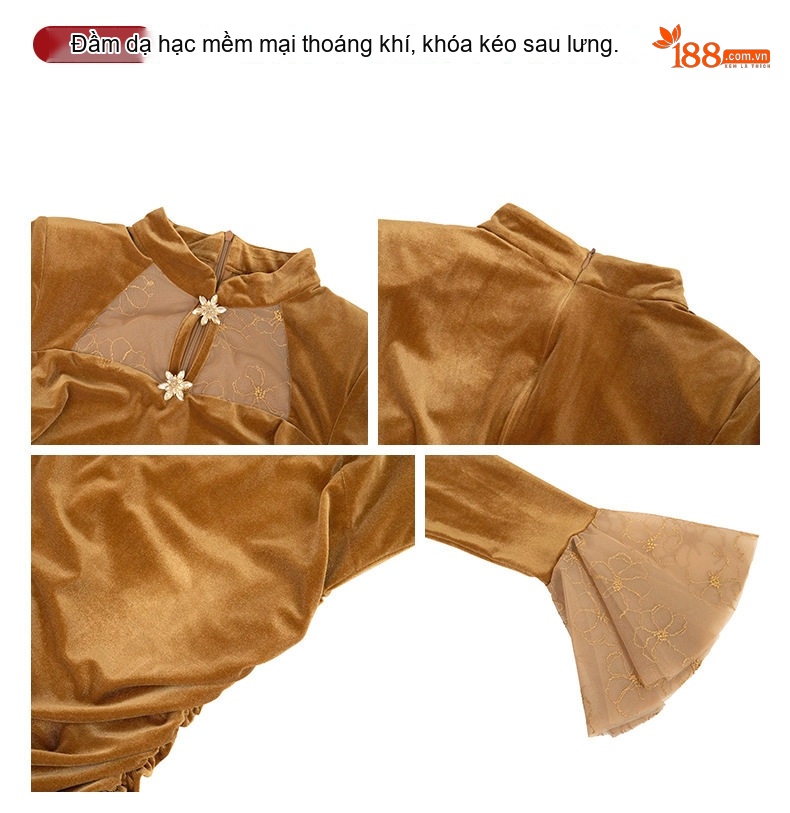 Váy Ngắn Nữ Thiết Kế Cách Tân Trung Hoa Cổ Tay Loe Ôm Dáng Màu Nâu Vàng chi tiết 4