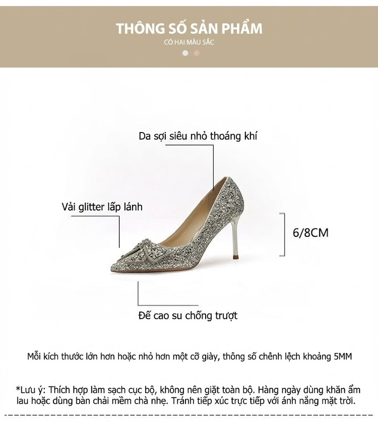 Giày Cao Gót Nữ Mũi Nhọn Chiều Cao Đế 8cm Đính Đá, Nơ Bướm chi tiết 4