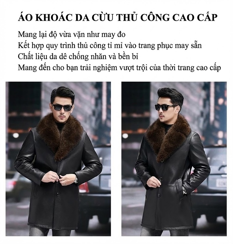 Áo Khoác Da Dê Nam Dáng Dài Lót Lông Chồn Cổ Lông Mỹ Raccoon Màu Đen chi tiết 2