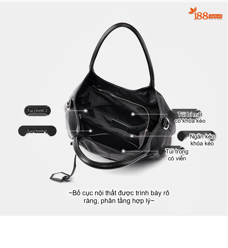 Túi Đeo Vai Nữ Da Thật Sức Chứa Lớn Tote Đeo Chéo Dành Cho Mẹ Trung Niên Màu Nâu, Đen chi tiết 4
