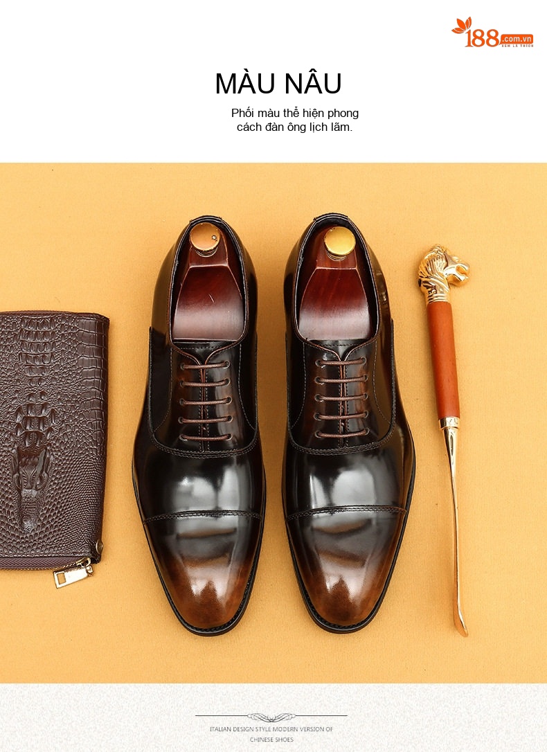 Giày Tây Oxford Nam Da Bò Mũi Nhọn Chiều Cao Đế Khoảng 3cm Màu Đen, Nâu chi tiết 11