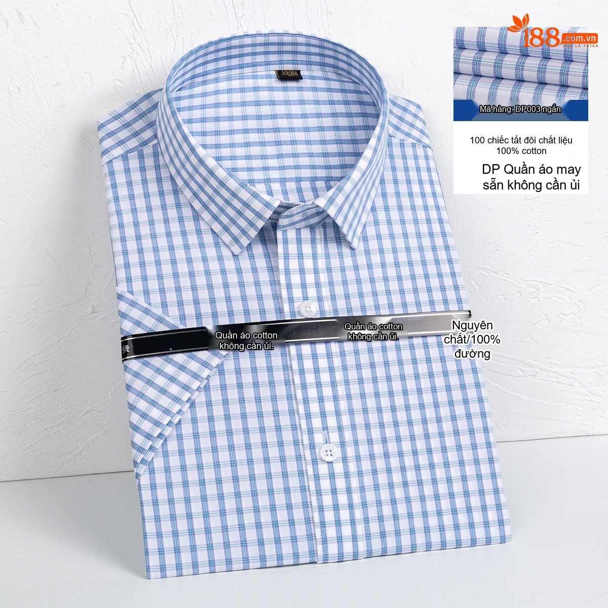 Áo Sơ Mi Nam Tay Ngắn Cotton Dáng Ôm Chống Nhăn Màu Xanh, Trắng chi tiết 6