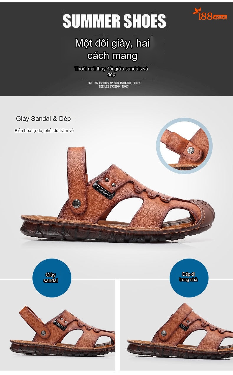 Dép Sandal Nam Da Bò Bít Mũi Thoáng Khí Chiều Cao Đế Khoảng 2cm Màu Nâu, Đen chi tiết 7