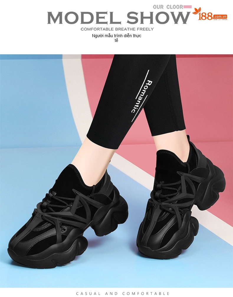 Giày Sneaker Nữ Đế Dày Phong Cách Ins Chiều Cao Đế Khoảng 5cm Màu Đen, Trắng Kem chi tiết 4