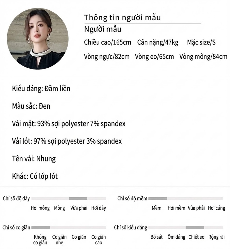 Váy Nhung Nữ Cổ Tròn Đính Ngọc Trai Tay Dài Phong Cách Quý Cô Màu Đen chi tiết 2