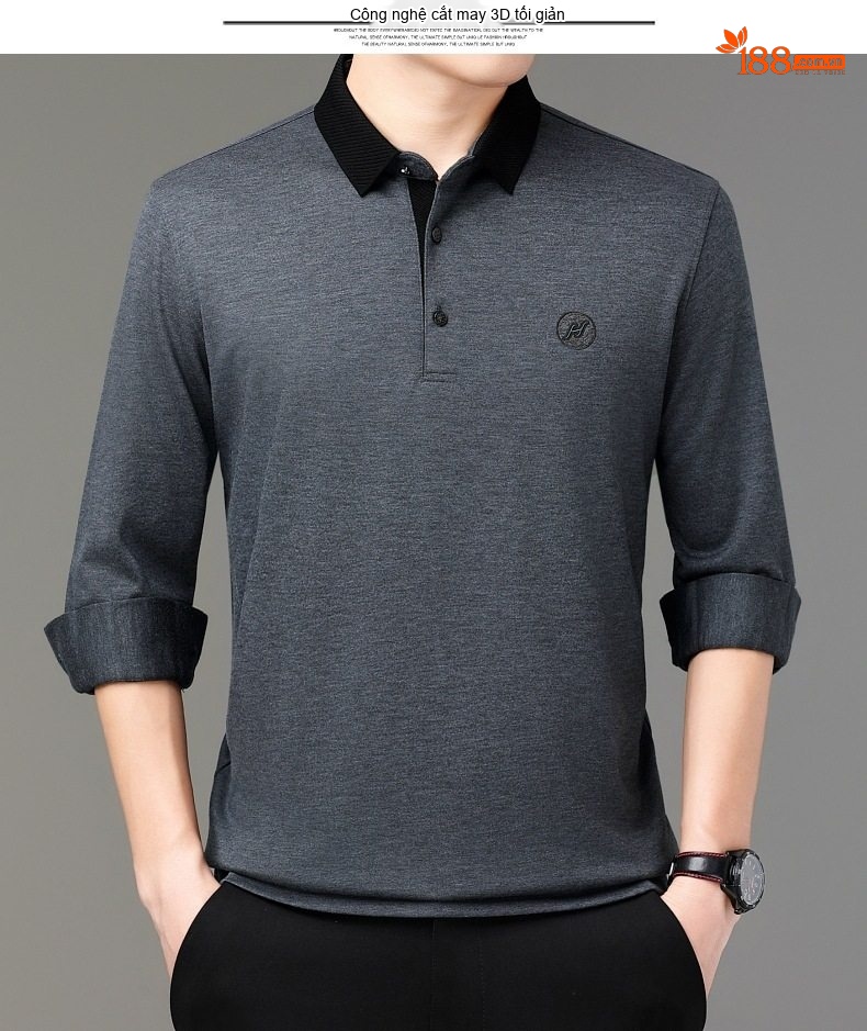 Áo Thun Polo Nam Tay Dài Cashmere Cổ Bẻ Phong Cách Doanh Nhân Màu Đen, Xám, Xanh Navy chi tiết 13