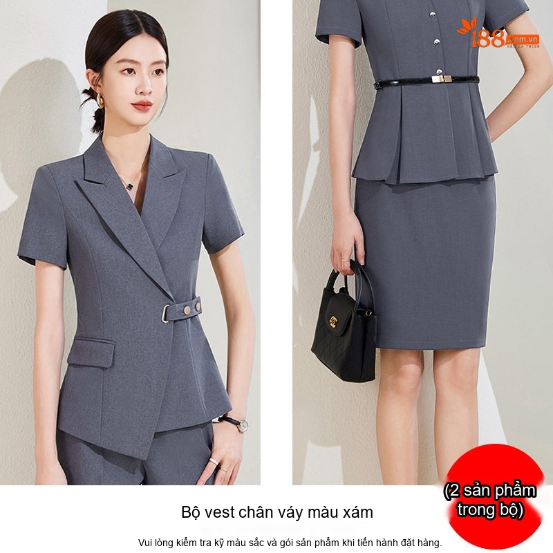 Bộ Vest Nữ Tay Ngắn Quần Dài Công Sở Thanh Lịch Màu Xám, Kem, Đen, Xanh Navy