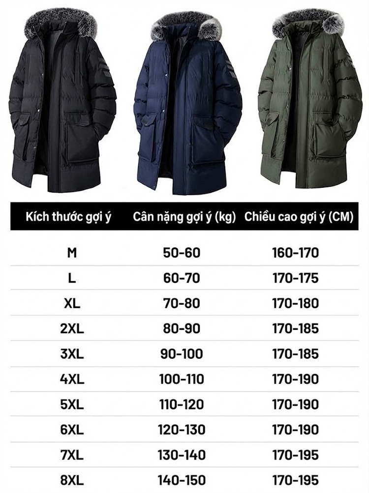 Áo Khoác Cotton Nam Dáng Dài Cỡ Lớn Mũ Trùm Đầu Có Thể Tháo Rời Lót Dày Màu Đen, Xanh Navy, Xanh Rêu